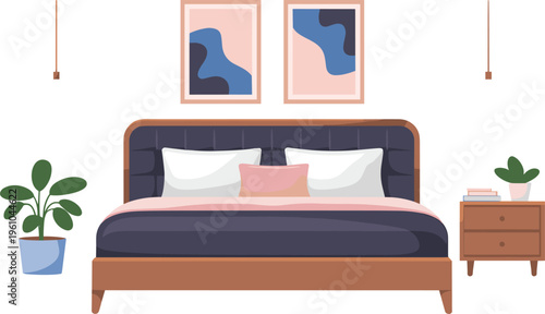 Modern bedroom vector illustration with stylish furniture, artwork, and plants for interior design and home decor