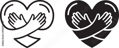 heart hug self love icon set black white outline silhouette vector illustration
