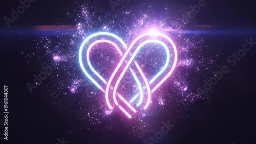 Intertwined neon hearts glow with sparkly energy against a dark, ethereal background
