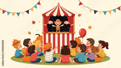 Children watching a puppet show performance.