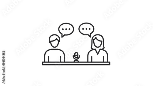 Two People Podcasting with Microphone and Speech Bubbles.