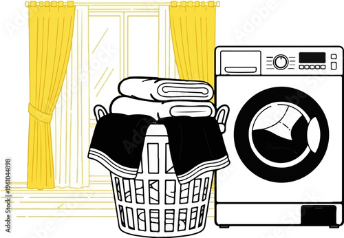 Laundry scene with washing machine, basket of clothes, and yellow curtains