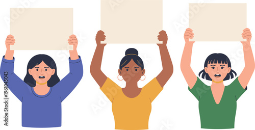 Diverse group holding blank signs vector illustration for activism, protest, and message design