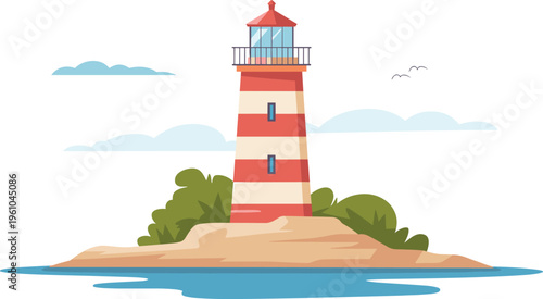 Coastal lighthouse vector illustration with red and white stripes on a small island for nautical and travel designs