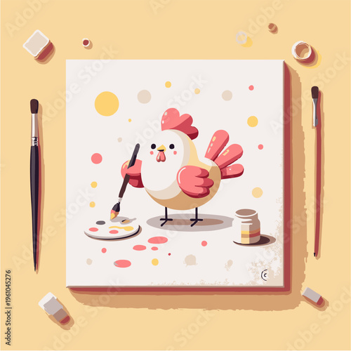 A fun vector illustration of a cartoon bird holding a school stationery set for a holiday gift card design featuring paper and heart art decorations