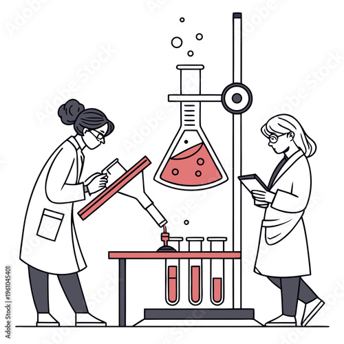 Scientists in lab coats working with test tubes and flasks