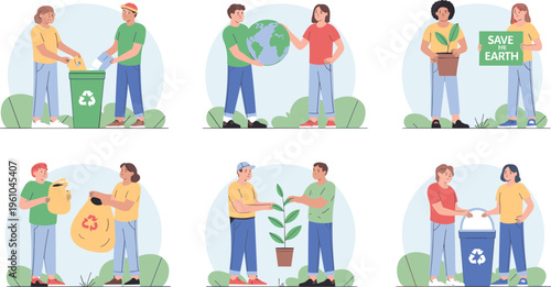Eco-friendly vector illustration set showcasing recycling, planting, and environmental activism