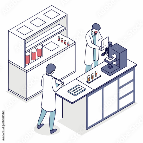 Scientists working at a laboratory bench lab coats