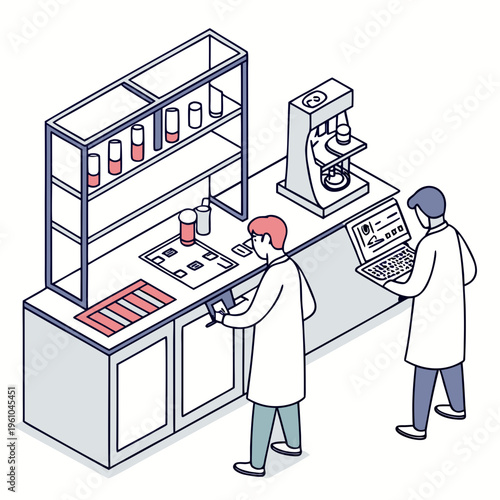 Scientists working in a laboratory lab coats computer