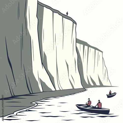 Cliff with a person standing on and boats below landscape