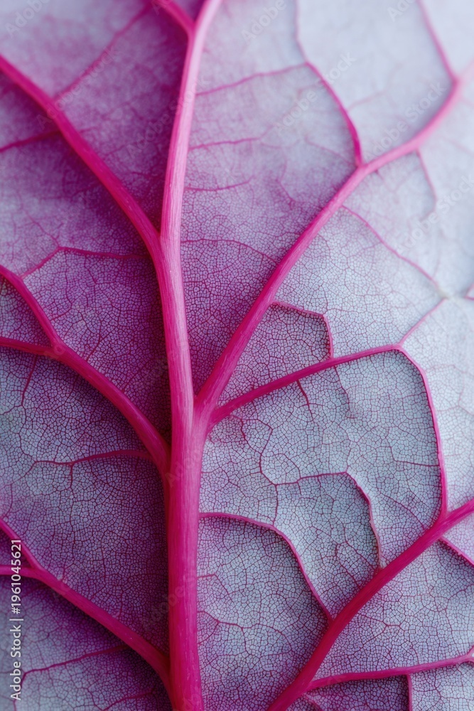 Naklejka premium Macro close up of a magenta leaf with bold central vein and delicate secondary veins forming a fractal pattern in soft lavender and fuchsia hues