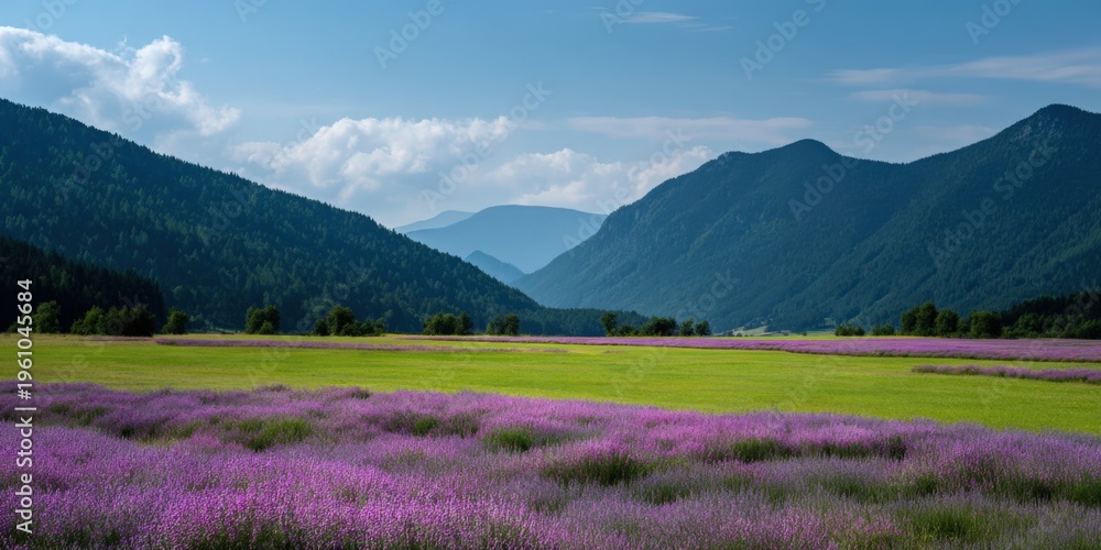 Obraz premium Lavender meadow panorama with mountains and layered ridges under a clear sky showing vast purple fields, green grasses and distant alpine valleys in peaceful landscape
