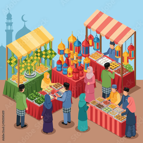 Vibrant Ramadan Market Scene with People Shopping.