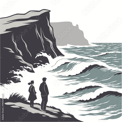 Coastal landscape with two people cliff