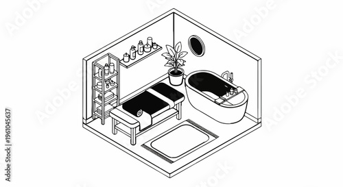 Isometric spa room with massage table, bathtub, shelf, and plant