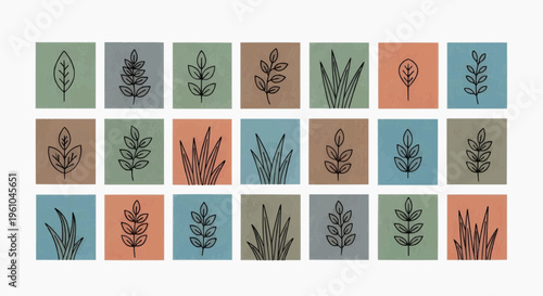 Grid of twenty square plant-pattern tiles in vibrant hues on white backdrop