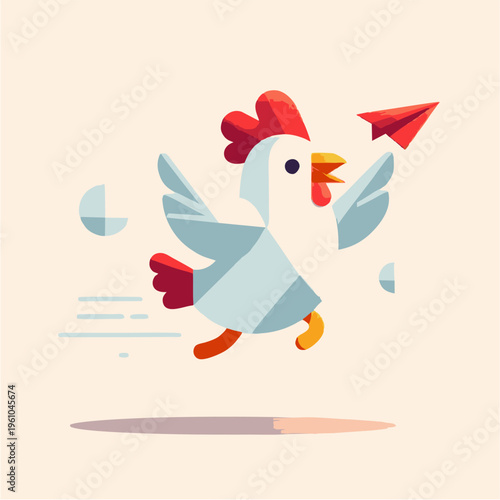A cute cartoon chicken character wearing a festive Christmas hat sits on a nature branch in this funny vector art illustration design featuring a flying bird symbol with a wing and feather