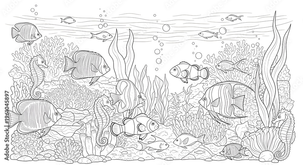 Fototapeta premium Underwater Coral Reef Coloring Page with Tropical Fish and Seahorses