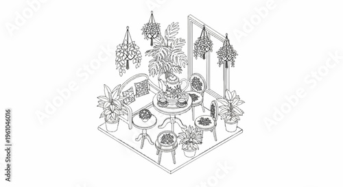 Cozy indoor scene with a vintage tea set, potted plants, and ornate seating