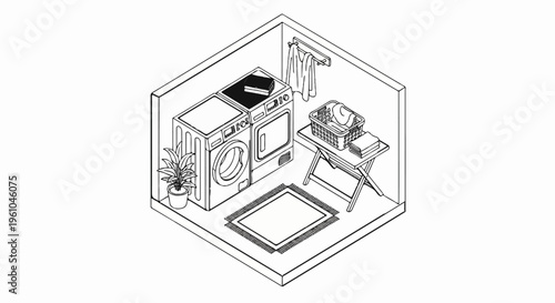 Isometric view of a compact laundry room with appliances and accessories