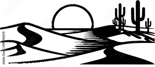 Desert sunset with saguaro cacti, sand dunes, and rippling water reflection