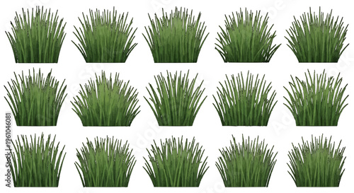 Minimalist grid of twelve identical green grass illustrations on white background