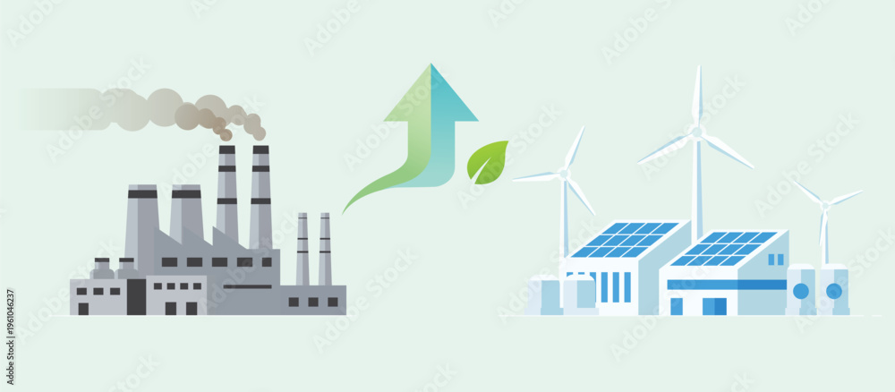 Fototapeta premium Industrial pollution changing to clean energy with solar panels wind turbines and green growth concept for sustainable industry and net zero future