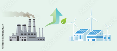 Industrial pollution changing to clean energy with solar panels wind turbines and green growth concept for sustainable industry and net zero future
