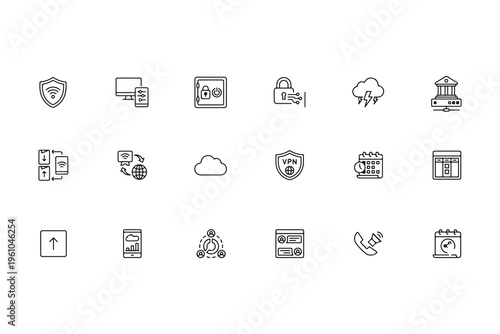 Cyber security line icons set, 18 thin stroke vector elements for data protection, network safety and cloud privacy symbols for web design