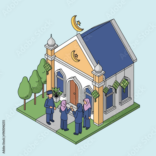 Mosque Illustration with People Outside Building.