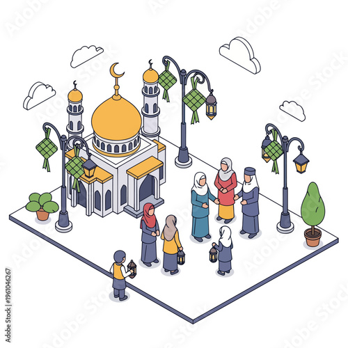 Illustration of Mosque with People Gathering.