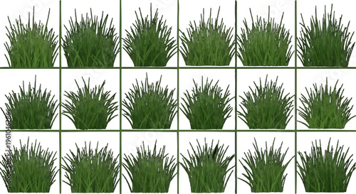 Grid of twelve identical green grass clumps on white, serene minimalist nature study