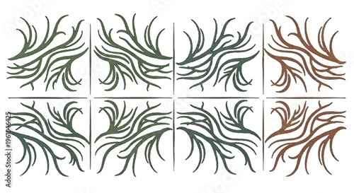 Eight symmetrical plant-root graphics in green-brown palette arranged in grid