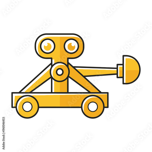 Yellow cartoon catapult launching object on wheels with two eyes