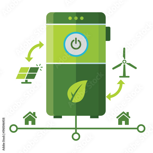 Green energy battery storage connected to solar panels wind turbines and smart homes for clean power system renewable energy and sustainable living concept