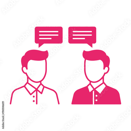 Two men communicating with speech bubbles conversation concept pink icons