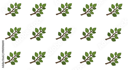 Grid of twelve identical tree branch illustrations with green leaves arranged symmetrically