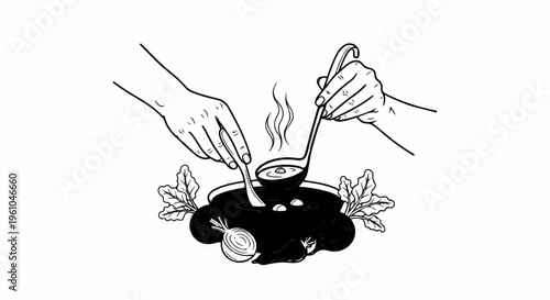 Hands preparing hot soup with vegetables in a bowl with steam rising