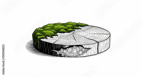 Illustration of a tree stump covered in moss with a hole in the side