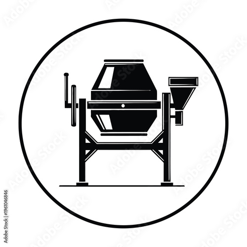 Black and white illustration of industrial mixer machine with funnel