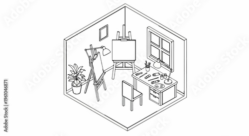 Isometric view of an artist's studio with easels, desk, and supplies