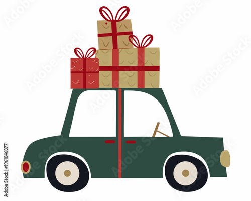 A vintage green car cheerfully delivers stacked christmas gifts
