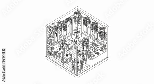 Interior isometric view of a plant-filled cafe with tables, chairs, and a counter