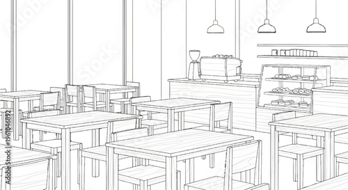 Interior sketch of an empty cafe with tables, chairs, and a display case