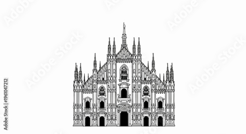 Ornate Gothic cathedral with spires and intricate facade in black outline