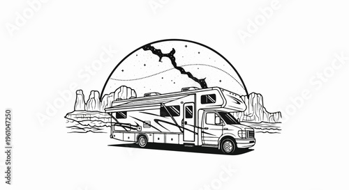 RV camper van parked in a desert landscape under a starry sky