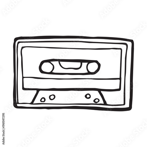 Hand drawn audio cassette tape sketch illustration. Retro mixtape doodle, bold black outline on white. Vintage 80s 90s music concept for nostalgia, branding and print design.