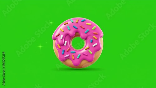 A bright pink frosted donut with colorful sprinkles sits on a vibrant green background