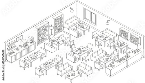Isometric view of a modern cafe interior with tables, chairs, sofas, and a counter