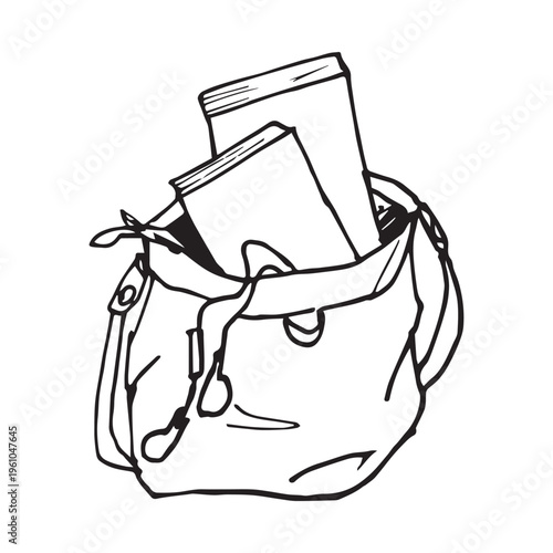 Hand drawn canvas bag with books sketch illustration. Open tote bag with textbooks doodle, bold black outline on white. Education, reading and student lifestyle concept.